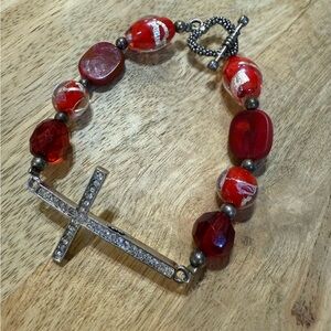 Red and Silver Beaded Cross Bracelet
